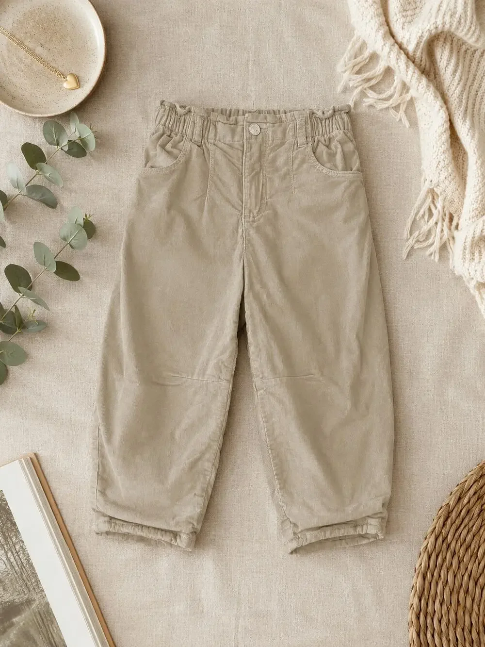 Zara Kids Corduroy Barrel Pants Beige Tan Elastic Waist Scandinavian Size 5